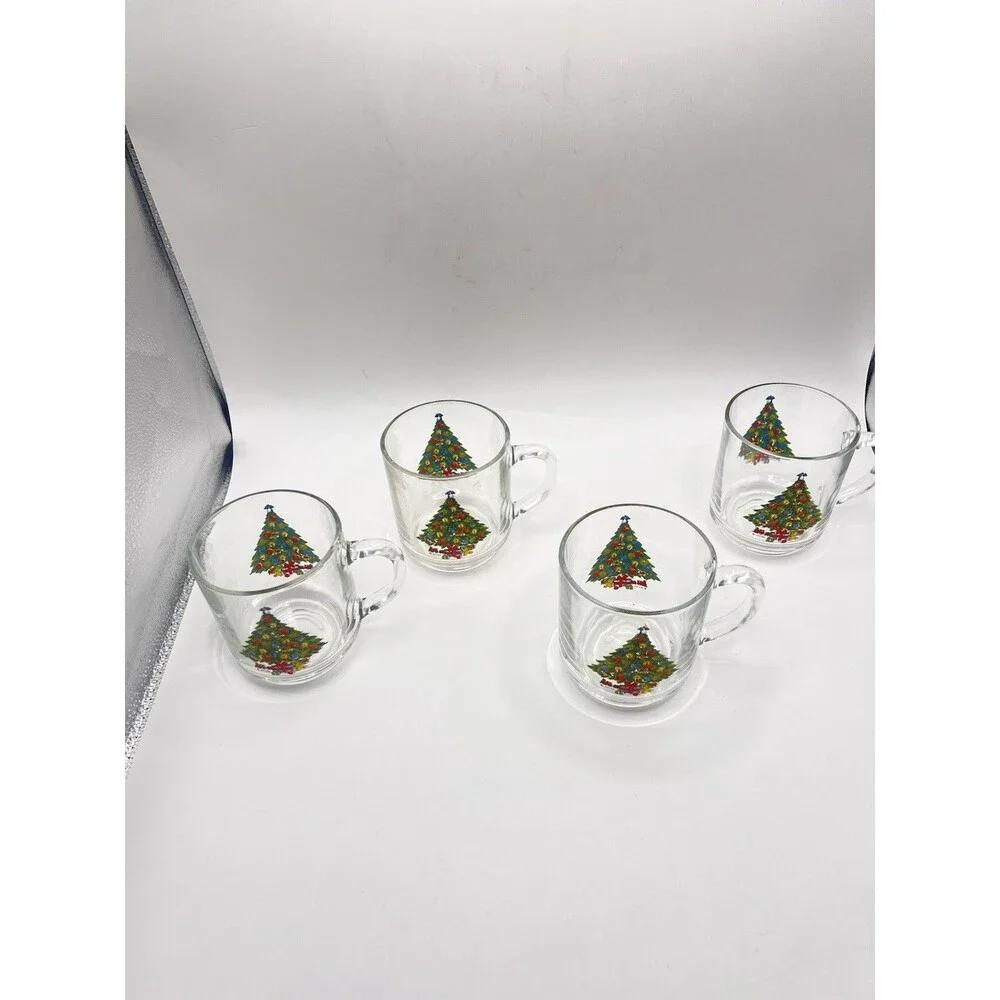 1989. 4 Mugs Carlton Glass Christmas Treasure Decorated Tree Design 3.5